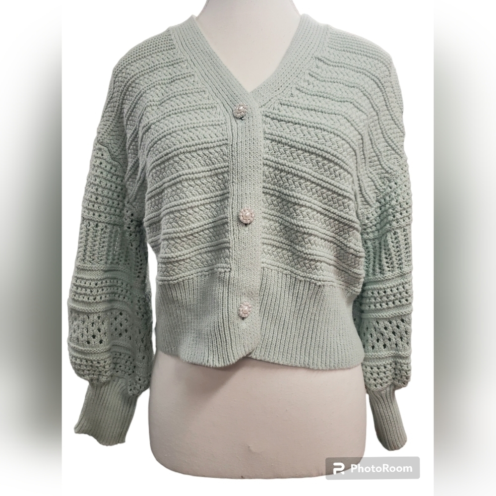 Marc New York Sweetheart Mint Green Pearl Button Sweater Size M